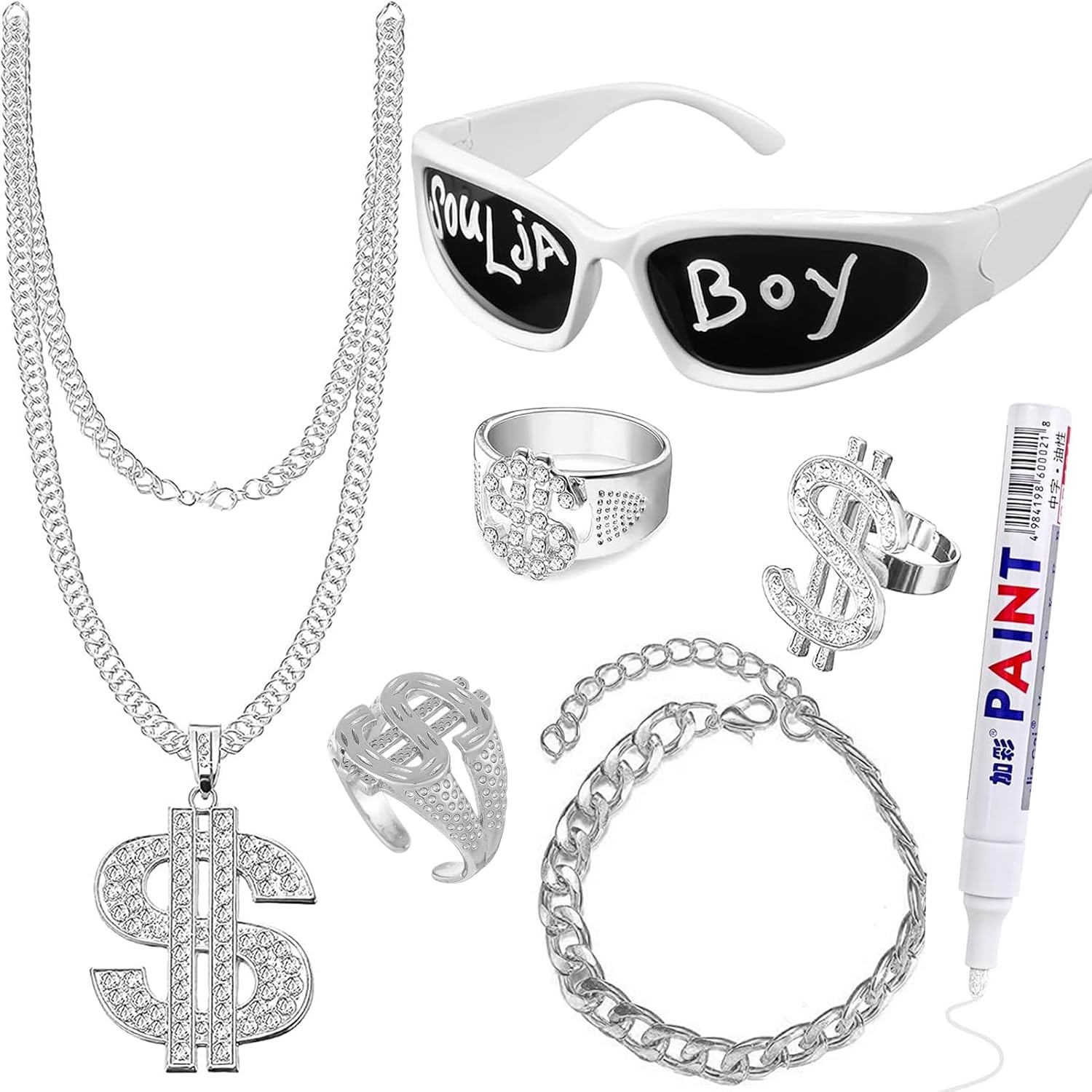 90S 80S Hip Hop Costumes Kit, 2000S Rapper Accessories, Fake Jewelry，Boys Necklace Dollar Ring Steampunk Glasses Adults