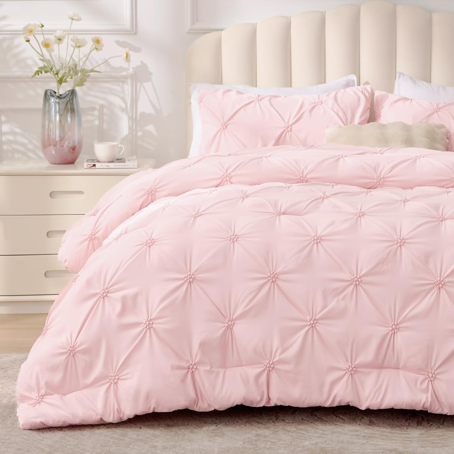 BEDELITE Queen Comforter Set Baby Pink,Lightweight & Soft Comforter | Pintuck Boho Bedding, Warm & Cute Bed Set for All Season,With 2 Pillowcases