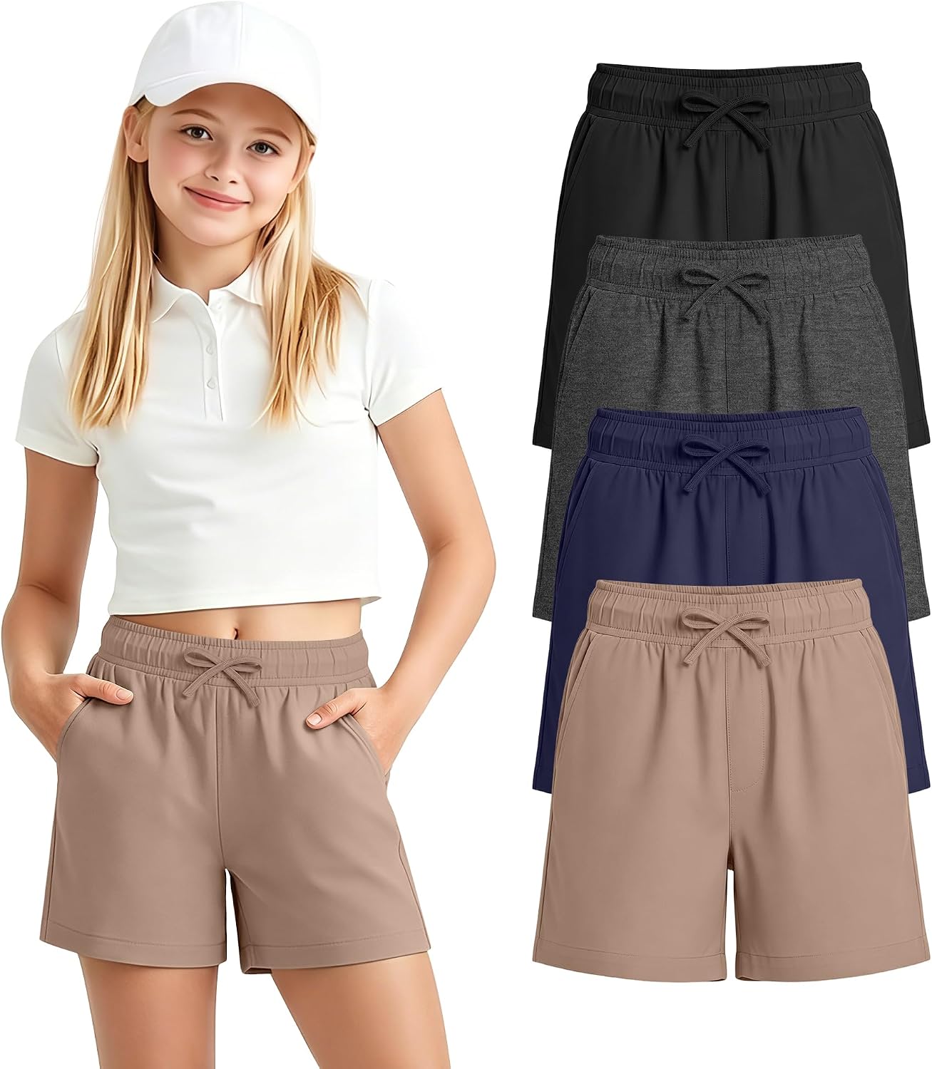 4 Pack Shorts for Girls 5-14years | Kids Wide Leg Shorts, Teen Athletic Shorts, Sweatshorts, Summer, Casual, Elastic Waist, Pull On, 2 Pockets, School, Running