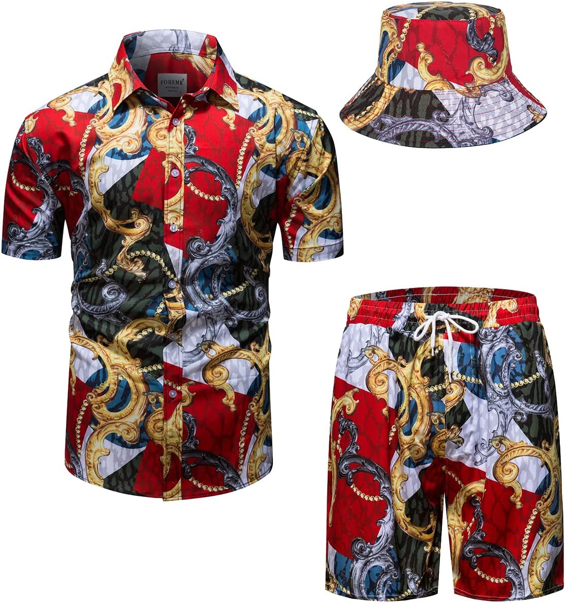 fohemr Mens Luxury Outfit Set Black Gold Shirts And Shorts 2 Piece Tracksuit Set Baroque Button Down Suit with Bucket Hats