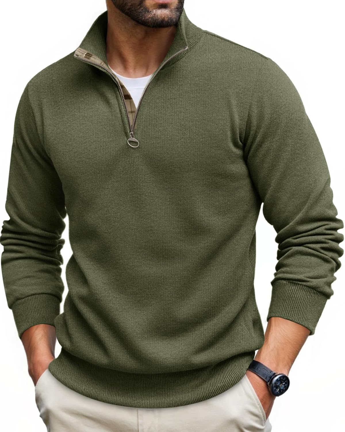 Runcati Mens Quarter Zip Pullover Sweater Lightweight Mock Neck Slim Fit Pullover Knit Casual Polo Sweaters
