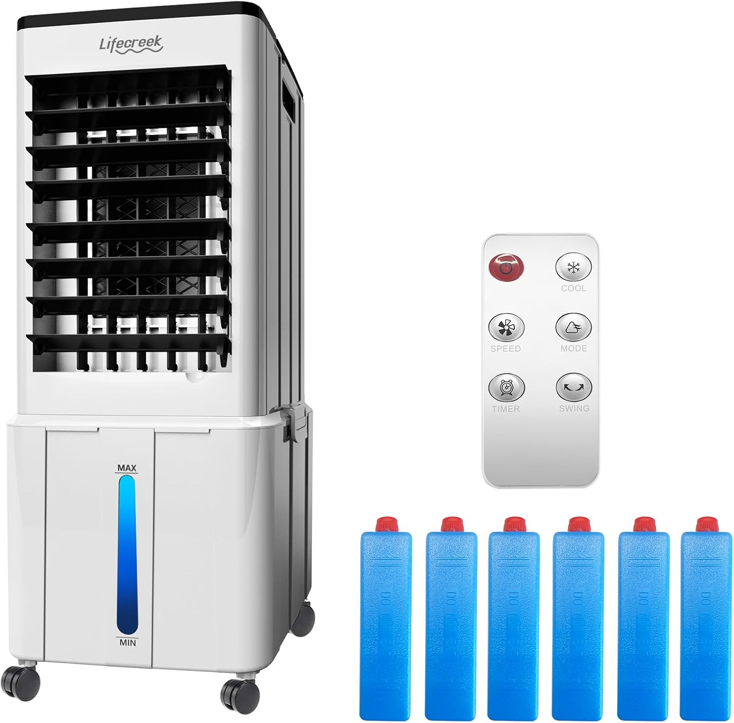 Lifecreek Portable Air Conditioner, 3-in-1 Evaporative Air Cooler with 3.2 Gal Water Tank, Windowless Portable AC Fan with 6 Ice Packs, Remote, 12H Timer, 3 Speeds, 4 Modes for Room Bedroom Office