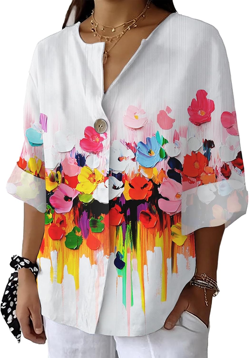 Womens 3/4 Sleeve Shirts Oil Painting Flower Printed Casual Blouses V Neck Button Boho Floral Summer Lightweight Tops