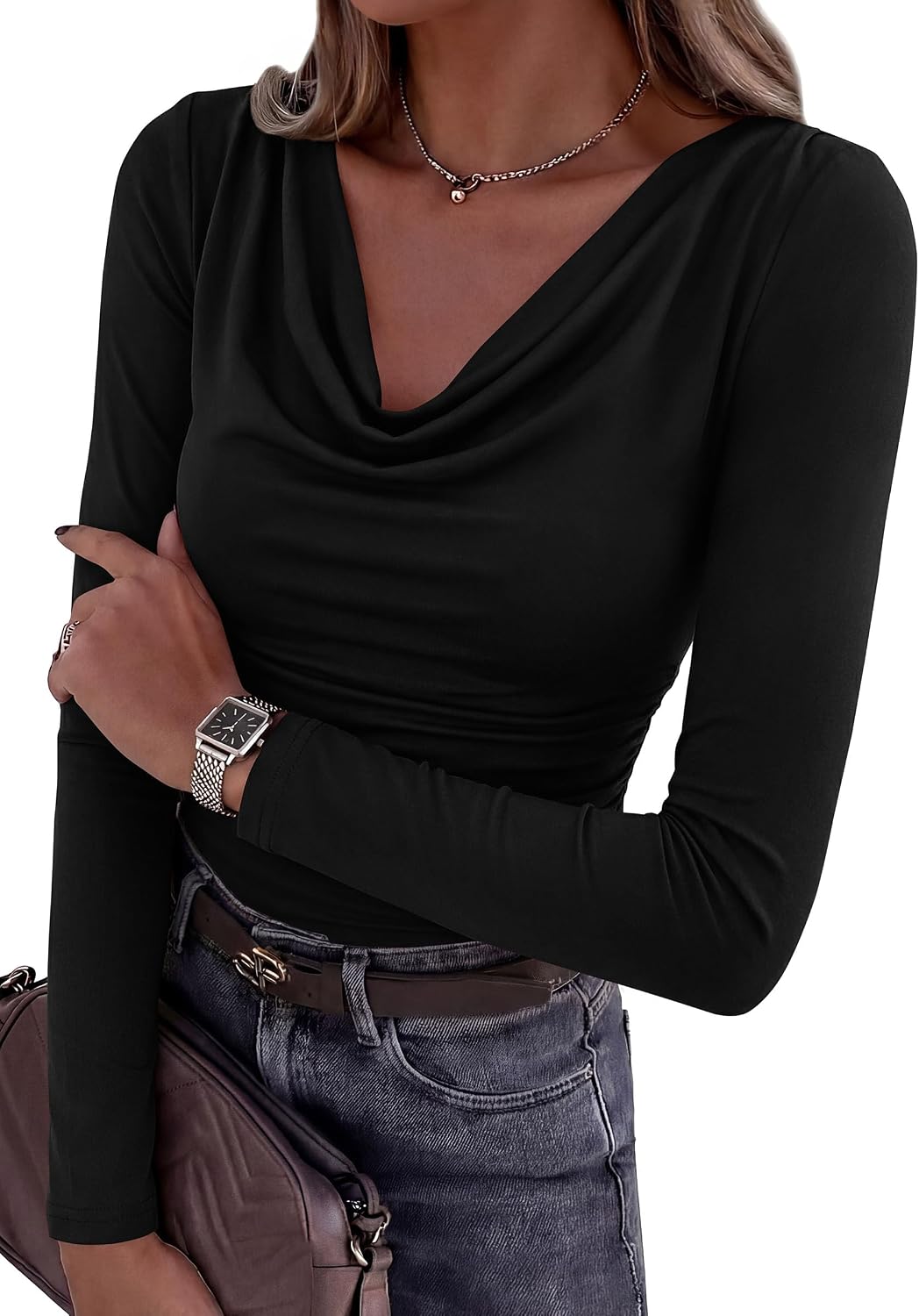 PRETTYGARDEN Women's Cowl Neck Long Sleeve Shirts | Slim Fitted Ruched Tops, Draped Neckline, Soft Stretchy, Casual Going Out Layering, Date Night Outfits, Y2K Fall Clothes