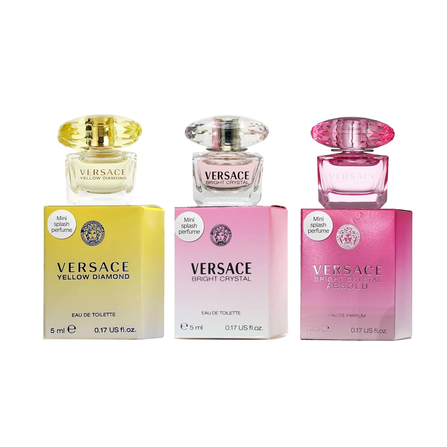 Versace 3-piece Miniatures Fragrance Collection - Bright Crystal Absolu, Bright Crystal, Yellow Diamond - Gift set for Women 0.17 fl oz each | Includes Bright Crystal Absolu, Bright Crystal & Yellow D