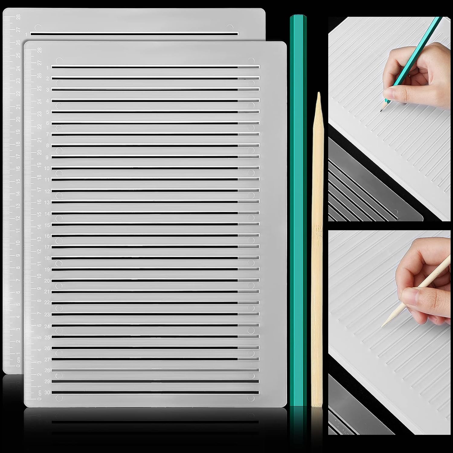 Fainne 2Pack Plastic Straight Line Stencil Template for Journaling Spacing Line Lettering Guide 11 Inch Scale Writing Ruler Envelope Addressing Template with Bamboo Stick and 2B Pencil for Paper(9mm)