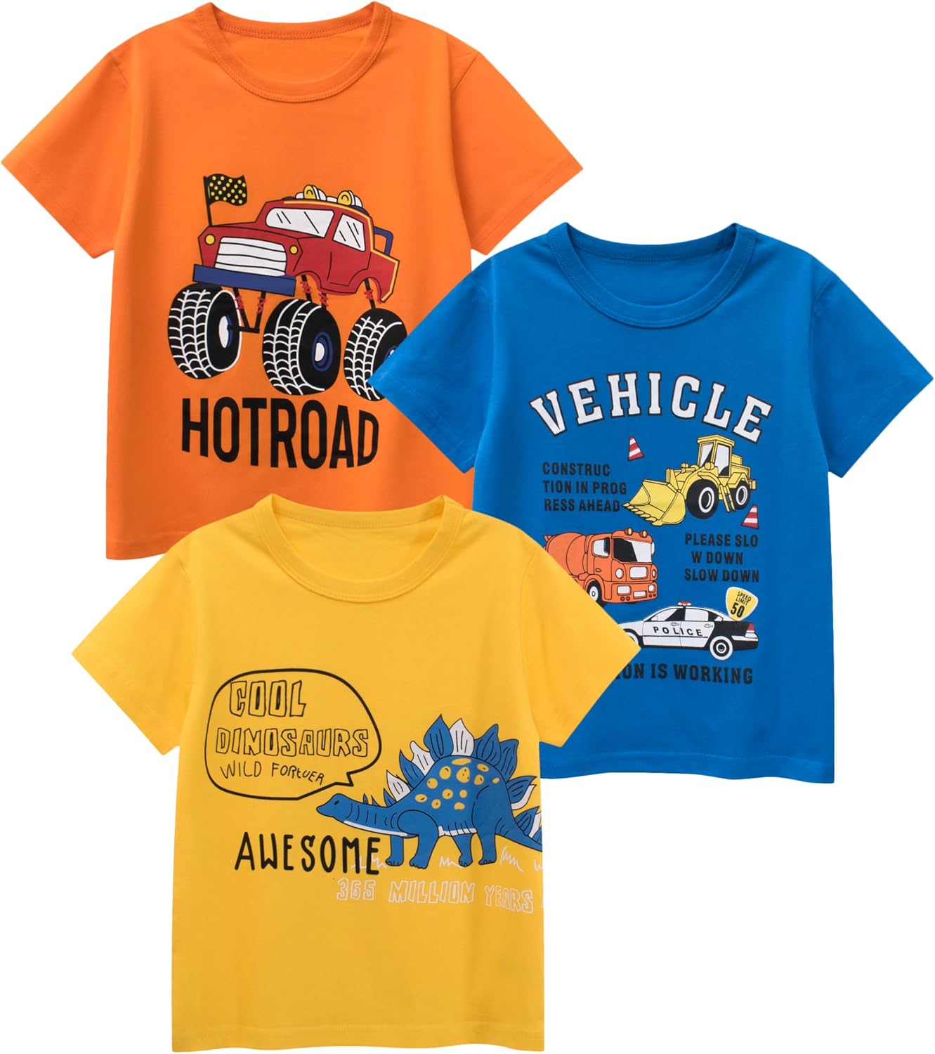 GFQLONG 3 Pack Toddler Boy Graphic Shirts, Dinosaur Short Sleeve Cotton Tshirt, Kids Summer Cars Tees Top Clothes