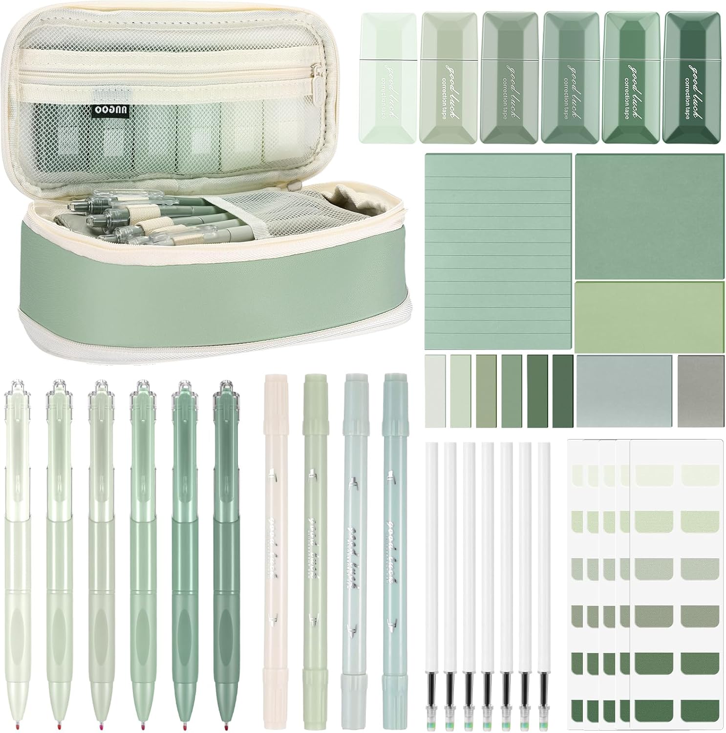 38 Pcs Aesthetic Office Supplies with Pen Case Sticky Notes Gel Pens Highlighters Correction Tapes Stationery Kit for Office Work Coworkers(Green Color,Classic)