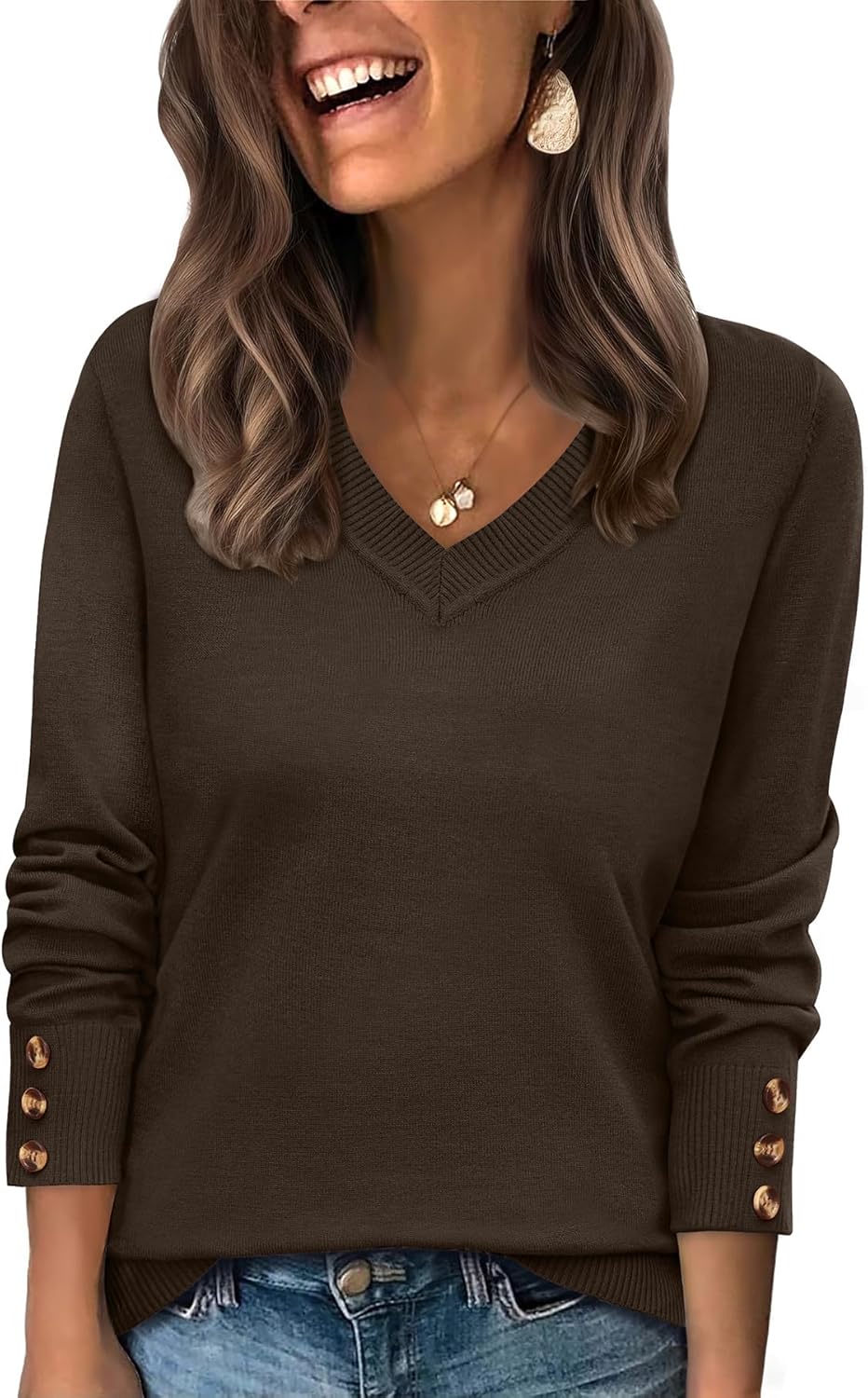 WIHOLL Lightweight Sweaters for Women Long Sleeve V Neck Knit Outfits with Decorative Buttons