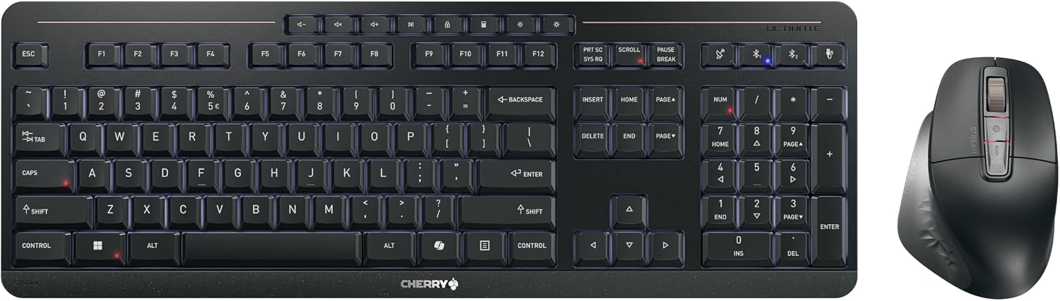 CHERRY Stream Desktop Ultimate, Wireless Keyboard and Mouse Combo, Black | Multi-Device Set for up to 4 Devices, Bluetooth, 2.4 GHz, Wired, Scissor Switches, Ergonomic Right-Handed Mouse, Rechargeable