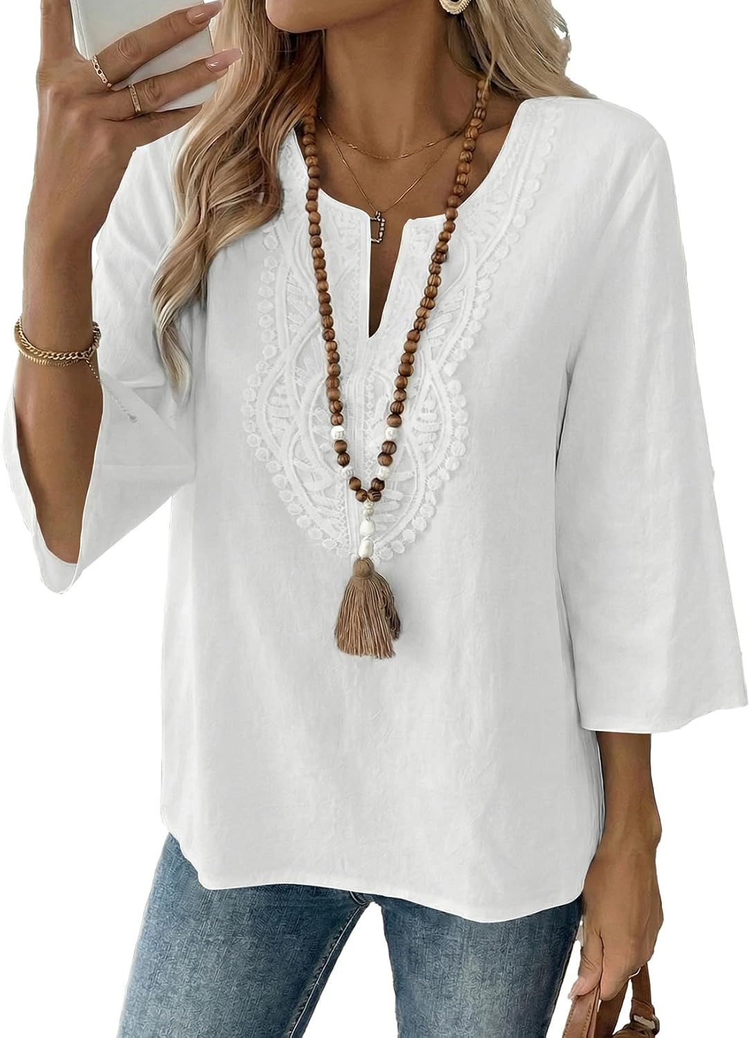 EVALESS Boho Tops for Women Blouses Dressy Casual V Neck 3/4 Sleeve Shirts Spring Outfits Trendy Vacation Clothes