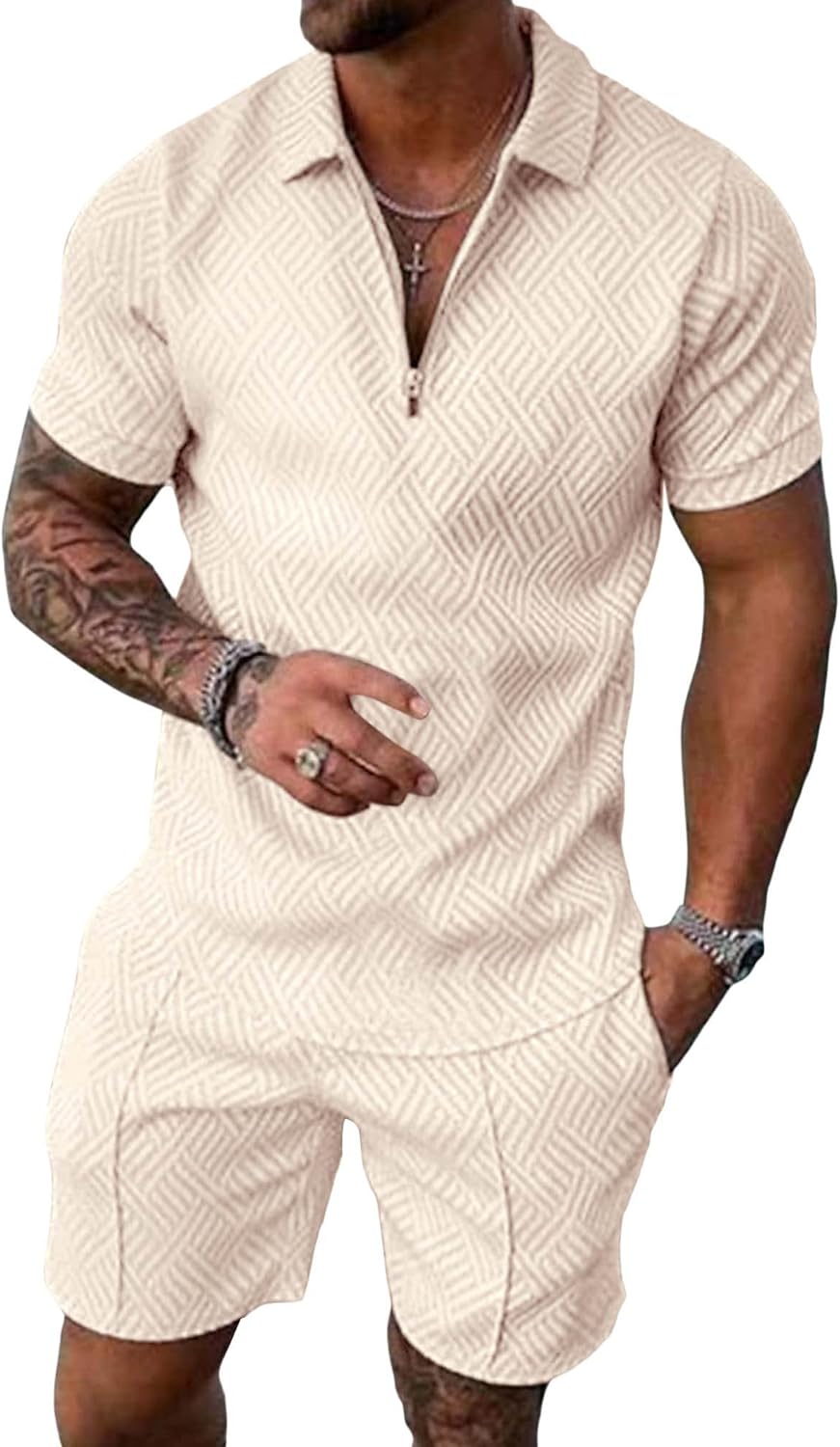 Beotyshow Mens Polo Shirt and Shorts Sets Outfits 2 Piece Summer Tracksuits | 2 Piece Short Set, Short Sleeve, Casual, Fashion, Vacation Outfits, Quarter Zip, Textured, Golf, Athletic, Jogging