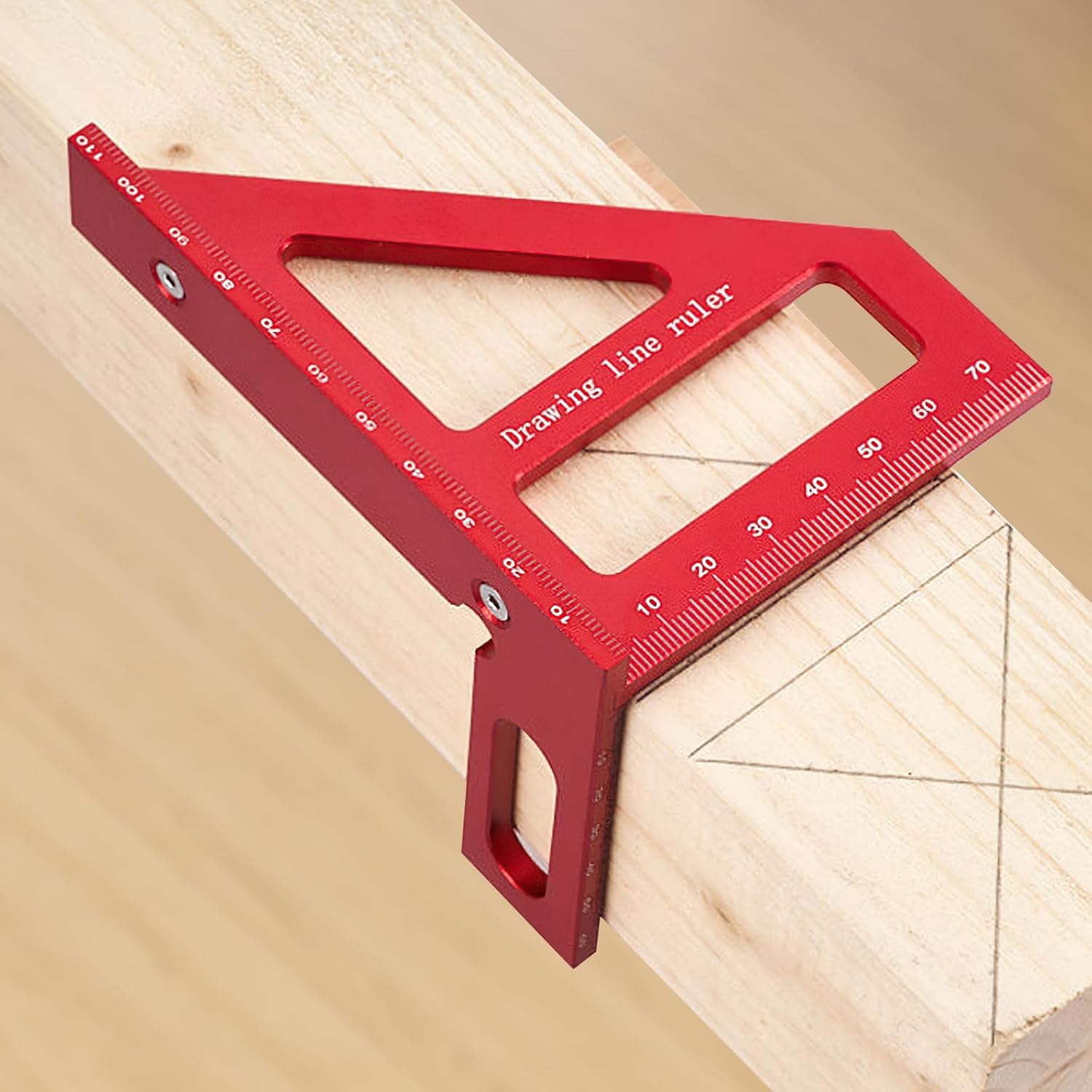 3D Multi-Angle Measuring Ruler(Metric), Aluminum Alloy 45°/90° Square Protractor Triangle Rulers, Woodworking Drawing Line Tool, Red(Metric)
