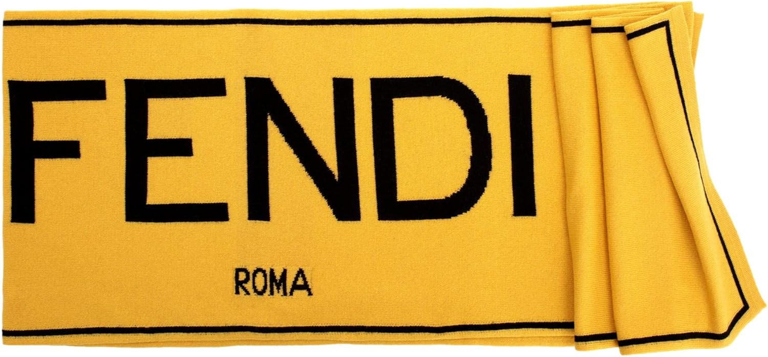 FENDI Roma Knitted Wool Cashmere Scarf Yellow Black Logo Soft Warm Winter Wrap 75 x 11 New