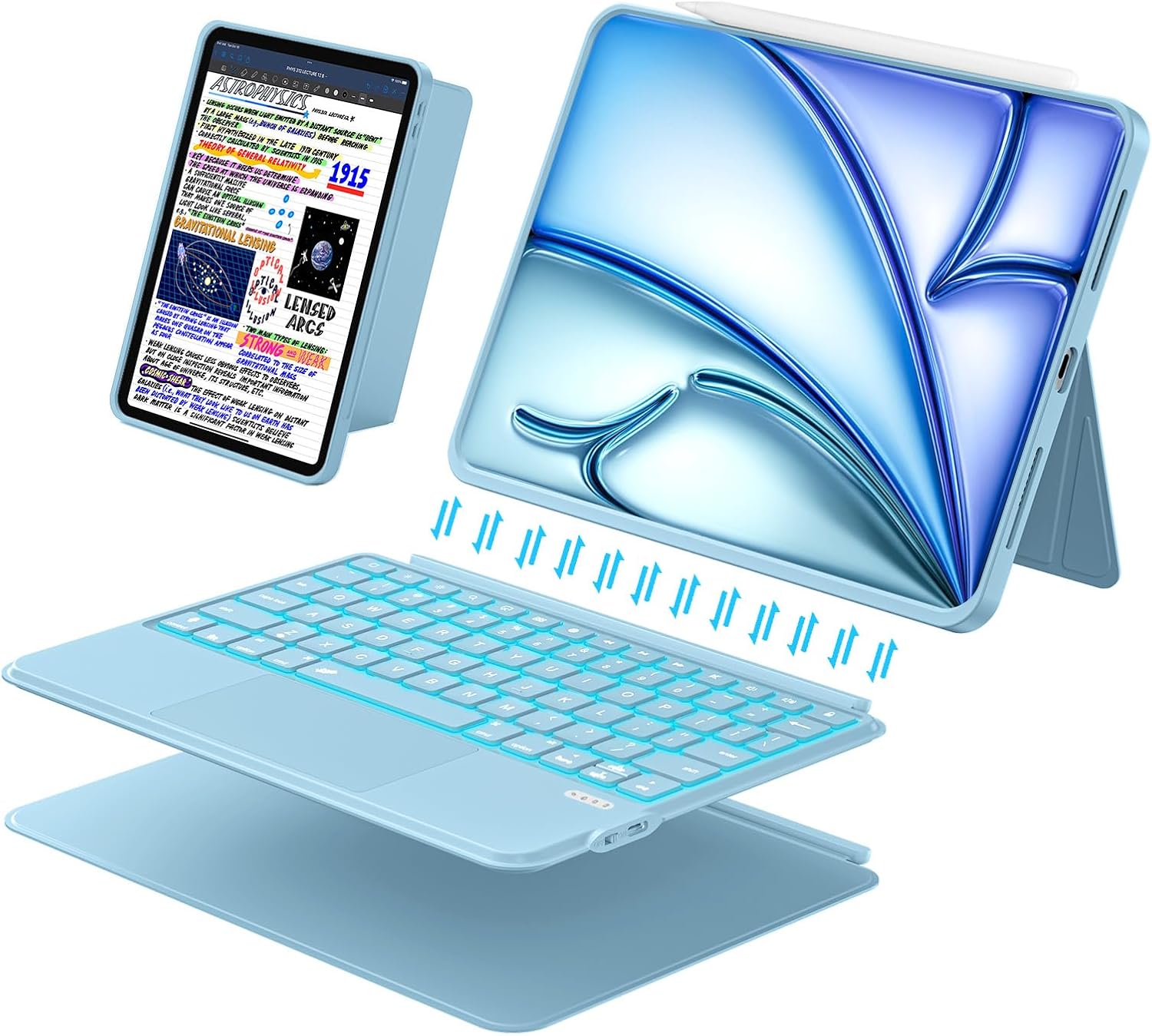 3 in 1 Keyboard Case for iPad Air 11 inch (M4/M3/M2, 2026/2025/2024), Air 5/4th 10.9" & Pro 11" 4/3/2/1st, Detachable Backlit Keyboard with Kickstand, Trackpad, Sleek for A16 11/10th Gen (Ice Blue)