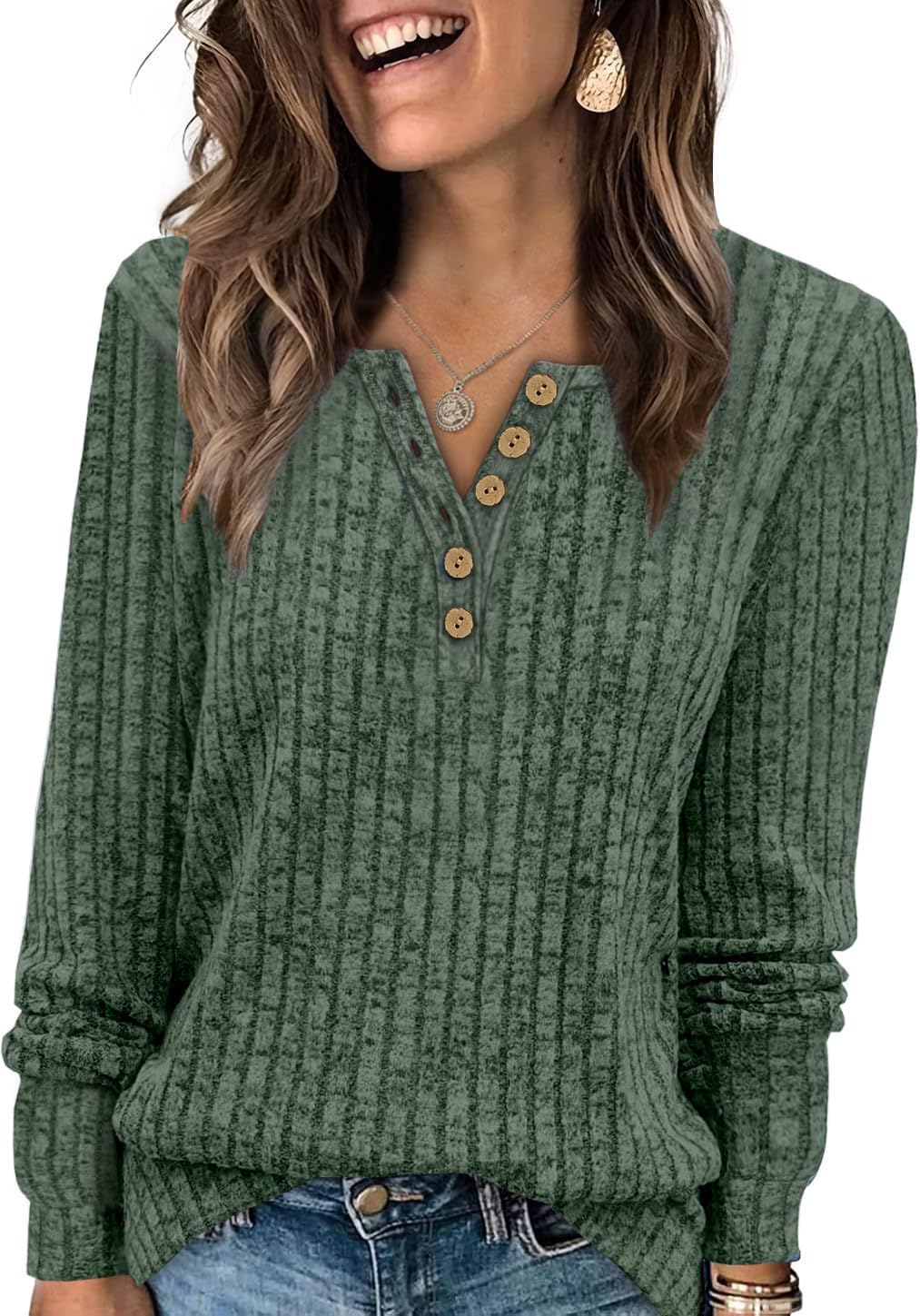 MixShe Womens Henley Sweaters 2026 Fall Winter Ribbed Knit V Neck Button Pullover Long Sleeve Tops