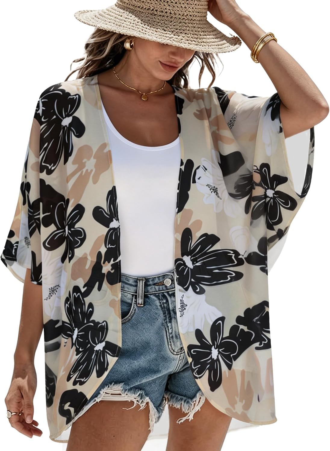 Women's Floral Print Puff Sleeve Kimono Cardigan Loose Cover Up Casual Blouse Tops 2026