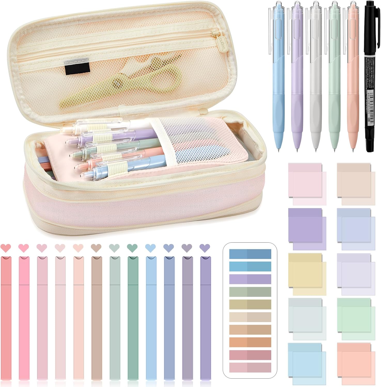 Jutom 39 Pcs Aesthetic Book Annotation Kit Highlighter with Case Bag Gel Pen Transparent Sticky Note Taking Bible Supplies(Pink,Cute Style)