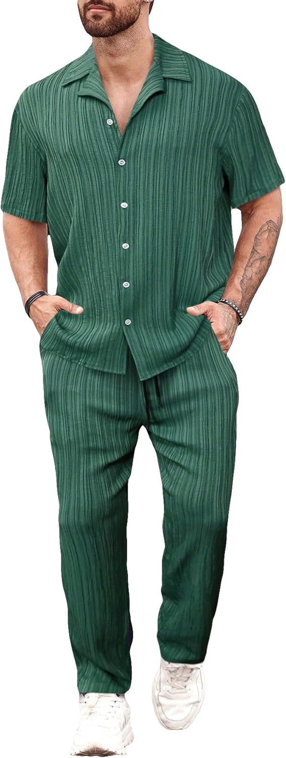 WDIRARA Men's 2 Piece Outfits Striped Button Front Short Sleeve Shirt and Pants Set