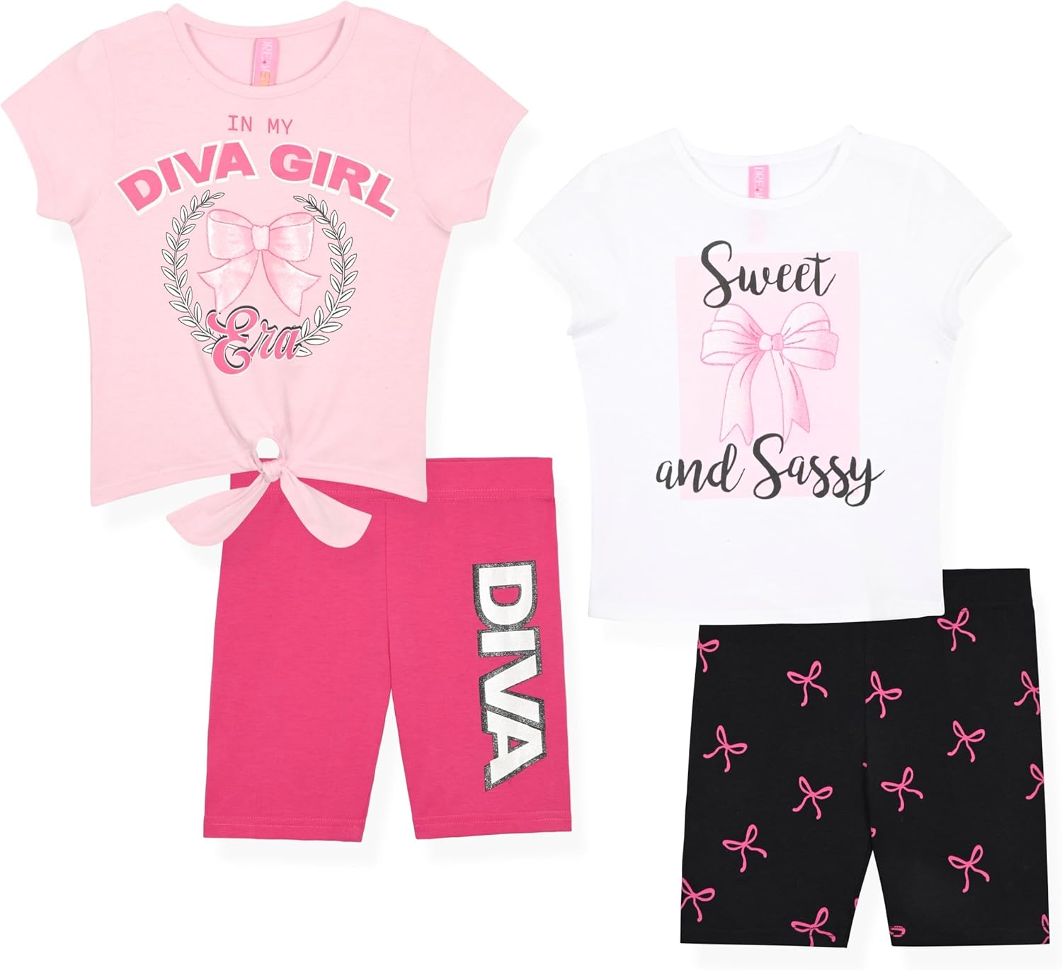 Dreamstar Girls 4 Piece Outfit Set – Short Sleeve Blouse Tops, Scooter Skirt Shorts Mix and Match Summer Clothing Set