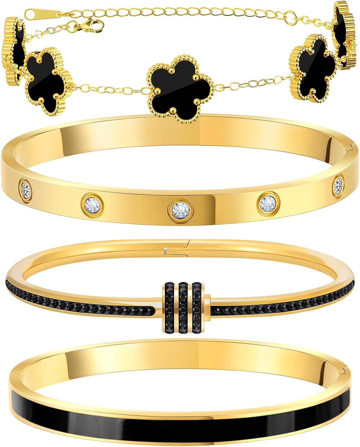 MOINSPIRE Gold Bracelets for Women, 18K Gold Plated Tennis Nail Clover love Bangle Bracelets Set Non Tarnish, Stainless Steel Trendy Stackable Bracelet Fashion Jewelry Accessories Gifts for Christmas