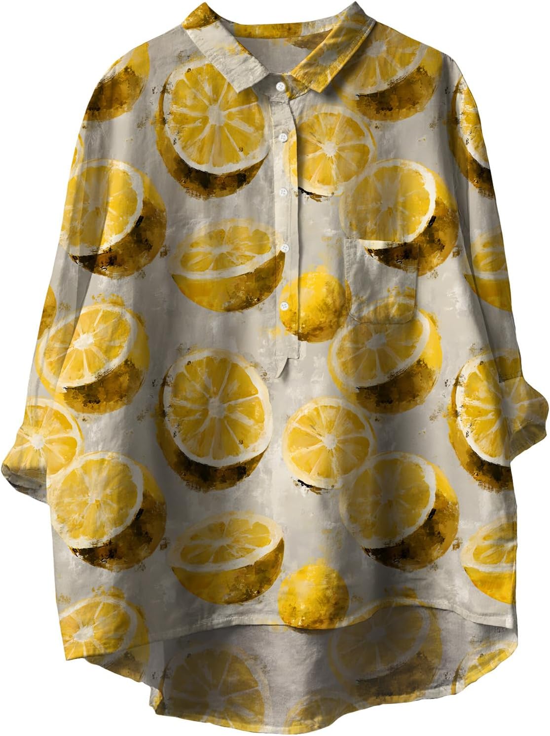 Zhyaj Womens Boho Fruit Graphic Print T Shirts Casual Half Buttons Pullover Blouses Oversized Baggy Long Sleeve Tunics Tops