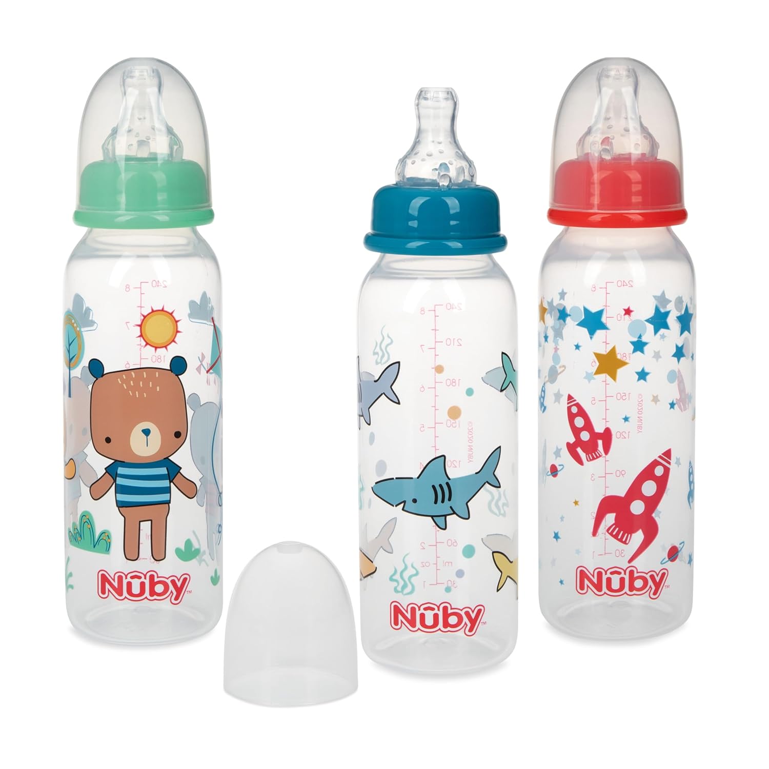 Nuby Printed Non-Drip 8oz Bottle, 3 Pack, Boys