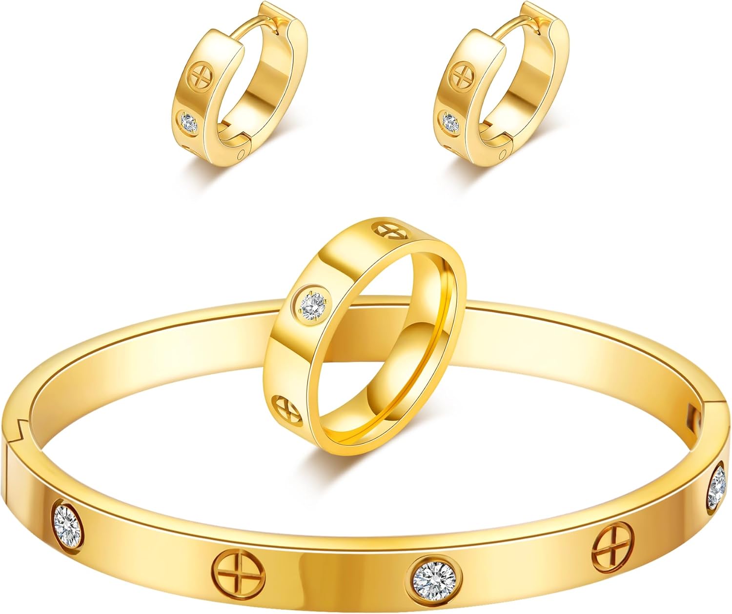 3 Pcs Hoop Earrings Bracelets Ring Sets for Women-18K Gold Plated Love Bracelet Cubic Zirconia Cuff Bangle Hoop Earrings Friendship Love Ring Jewelry Set,Wedding Party Christmas Valentine's Day Birthd