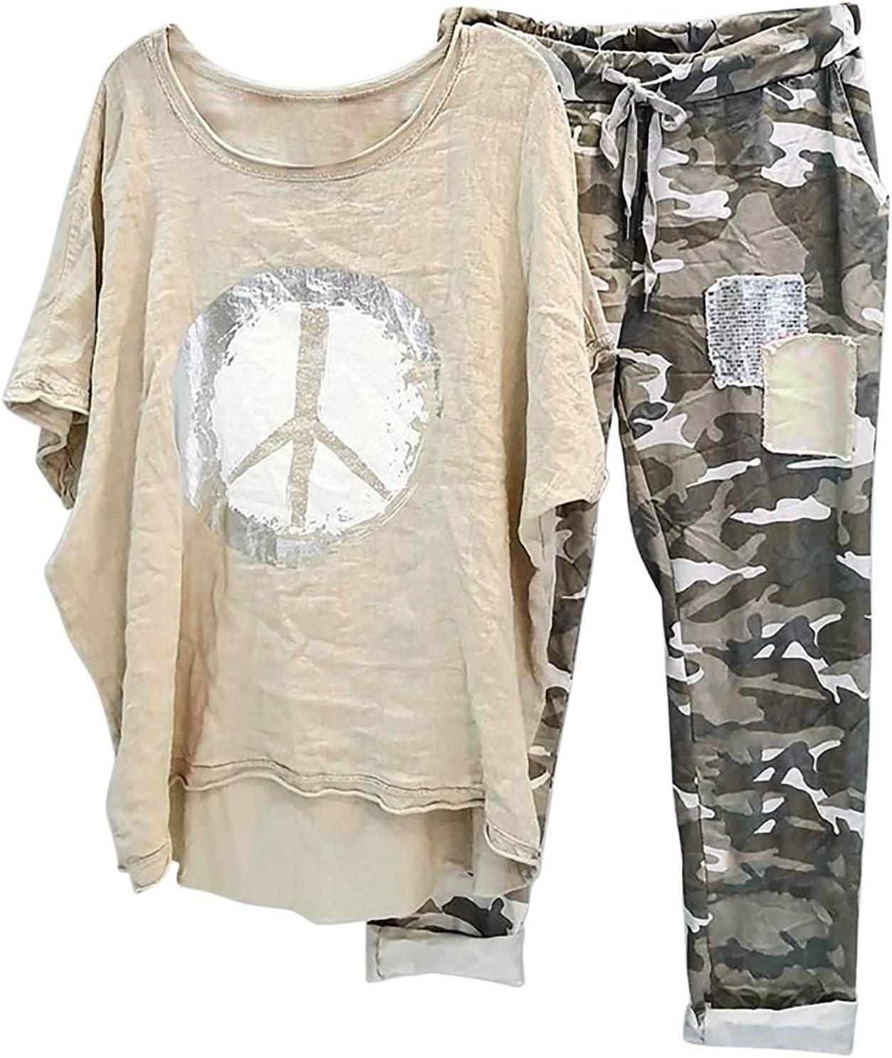 YMADREIG Two Piece Summer Outfits for Women Casual Cotton Linen Sets Oversized T Shirts Camo Capri Pants 2026 Resort Wear