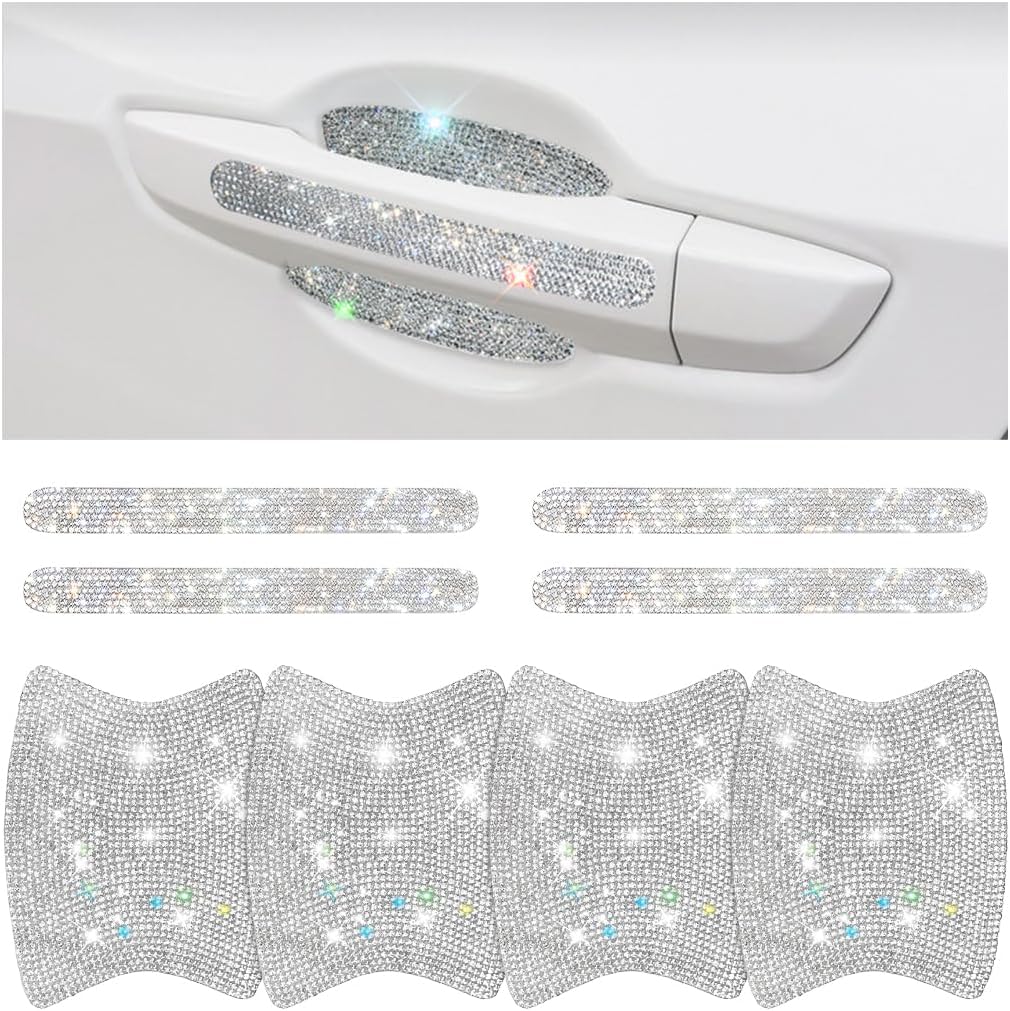 Mandark 8PCS Bling Car Door Handle Protector, Crystal Rhinestone Vehicle Door Bowl Protective Sticker, Glitter Anti-Scratch Auto Decor Decals Accessories, Universal for SUV, Sedan, Truck (White)