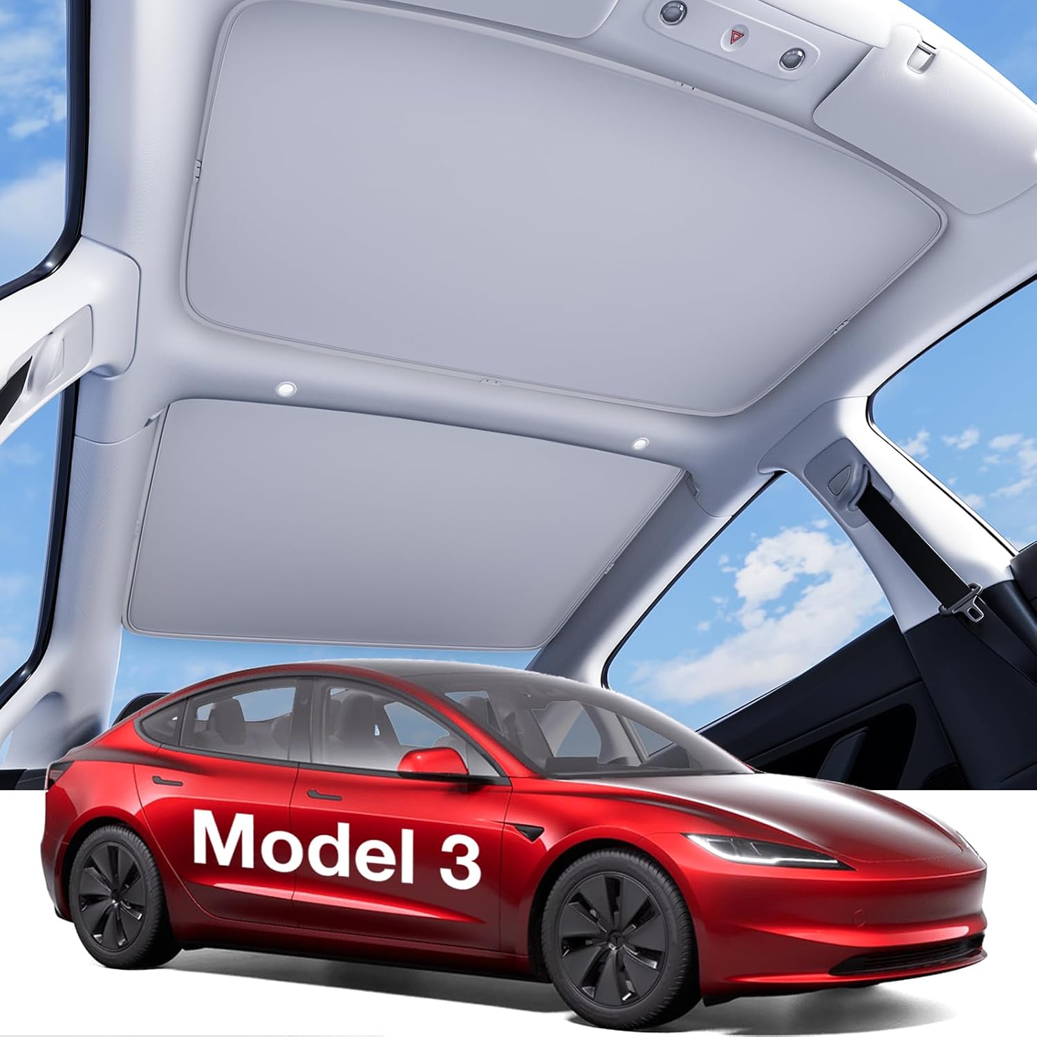 for Tesla Model 3 Accessories Sunshade roof, Interior Gray | For Model 3 2020~2026, Never Sag, Nano Ice-Crystal Coatings, 3-Gen Heat Insulation Glass Roof Sun Shade