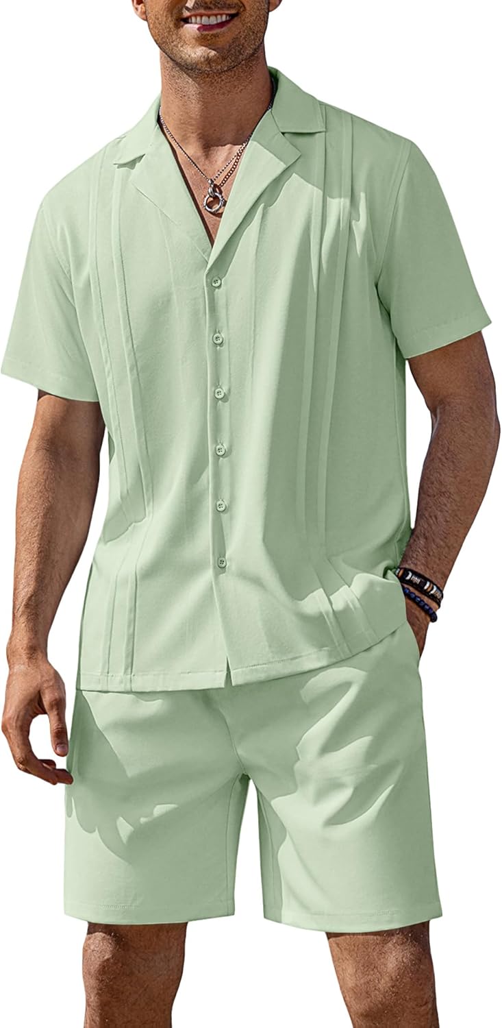 COOFANDY Mens 2 Piece Short Set Guayabera Button Down Shirt Casual Summer Beach Outfits