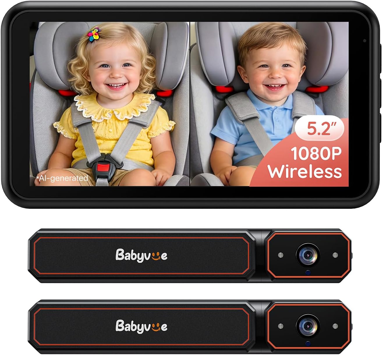 BV6PRO Wireless Dual Car Camera Baby Monitor Fast Setup | No Wiring, HD1080P, 5.2" Display, Spilt-Screen for 2 Kids, Auto IR Night Vision, Mirror Image for Newborns Gift