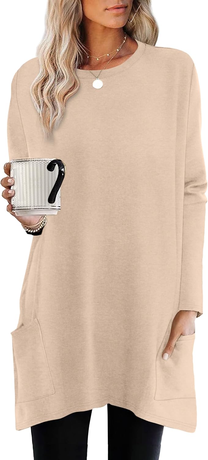 XIEERDUO Womens Tunic Tops Long Sleeve Crew Neck High Low Hem Loose Fit Shirts Blouses with Pockets