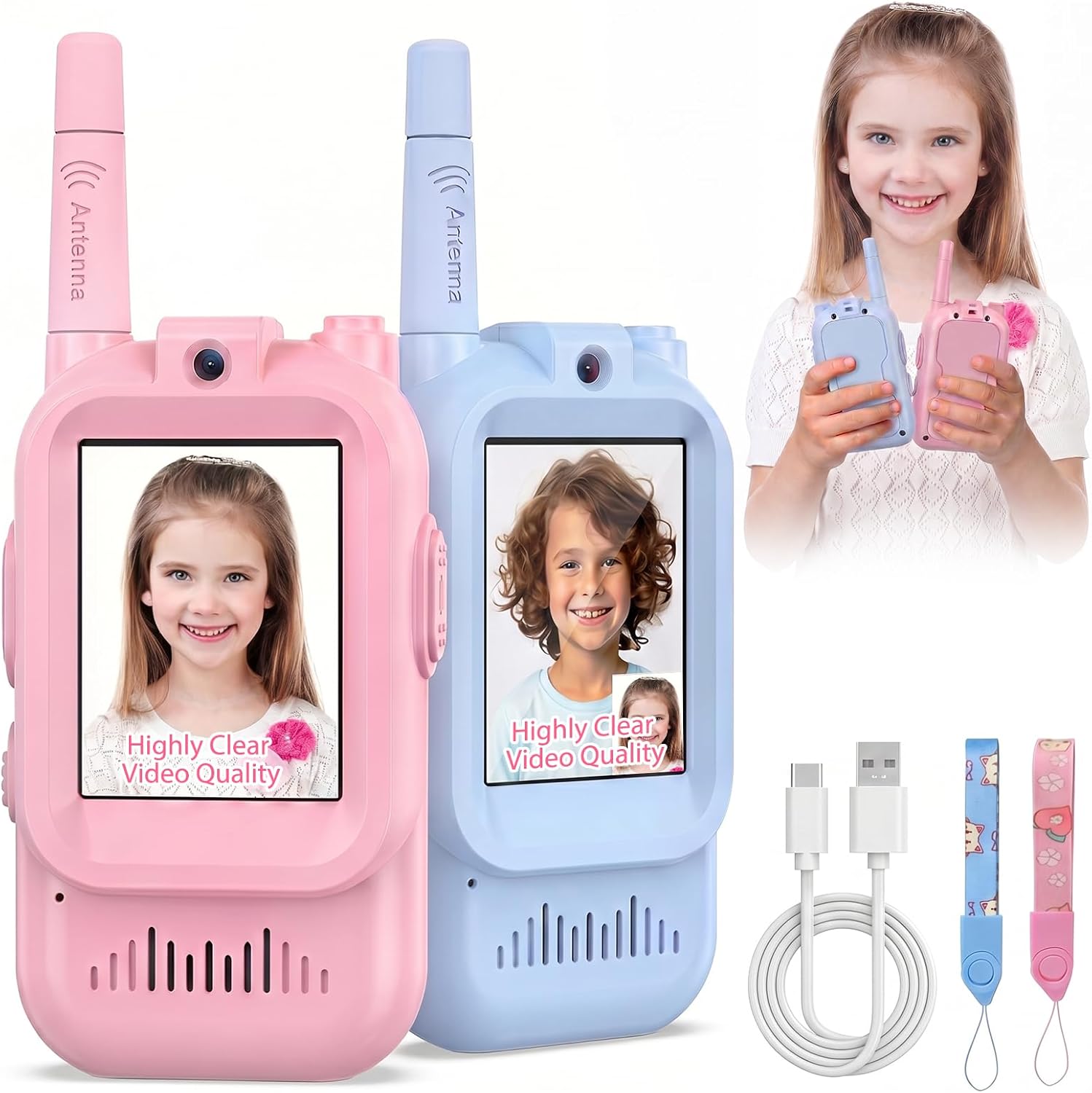 Walkie Talkies for Kids Pack of 2, Rechargeable Long Range Two Way Radios Toys for Boys Girls Age 3-5, Outdoor Adventure Camping Hiking, Birthday with Pink Blue Design