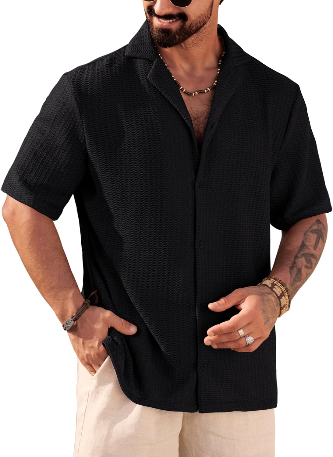Herberton Mens Crochet Shirts Summer Fashion Knit Mesh Button Down Casual Cuban Top (S-XXL)