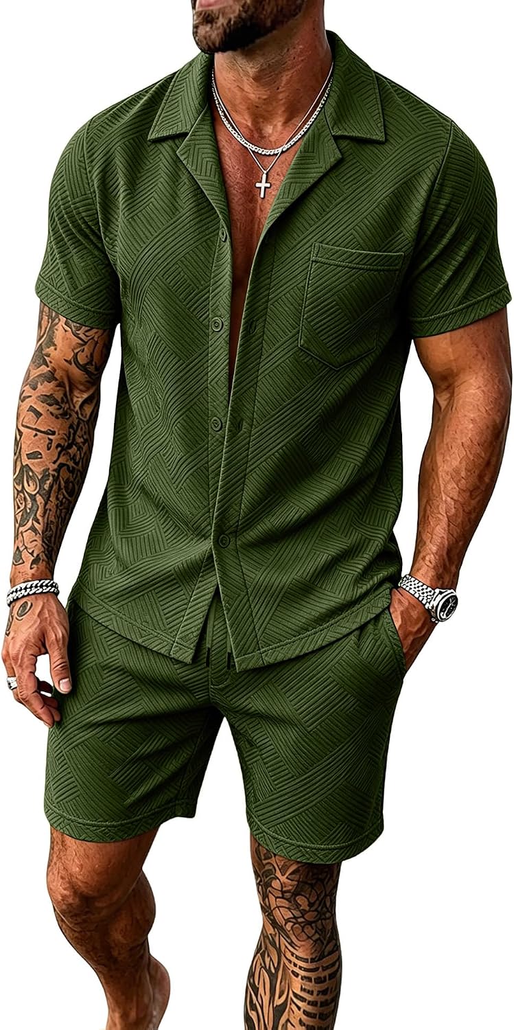 UOUA Mens Short Sets 2 Piece Summer Outfits Jacquard Short Sleeve Button Down Shirt and Shorts Set