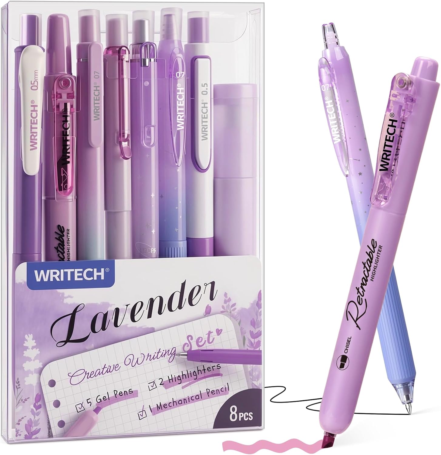 WRITECH Gel Pens Journaling Highlighters: Purple Journal Set Assorted Pastel Color 0.5mm&0.7mm Fine Point Retractable Black Ink Pen Mechanical Pencil Smooth Writing Drawing 8ct