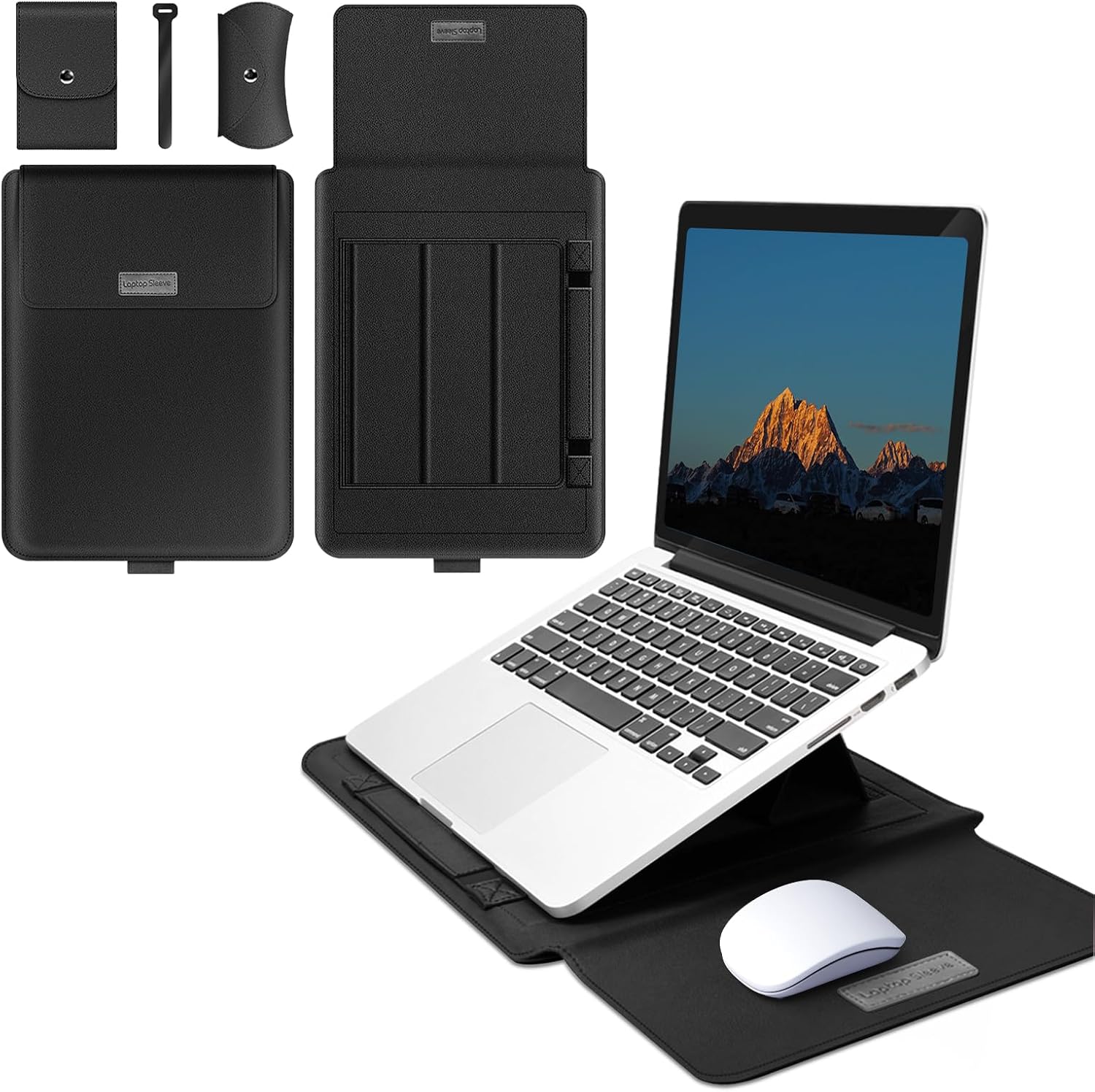 15-15.6 inch Laptop Sleeve Protective Case for MacBook Air/Pro 15" (M5/M4/M3/M2), [3 in 1] PU Leather Laptop Waterproof Slim Cover with Stand and Mouse for MacBook Pro (15") - Black