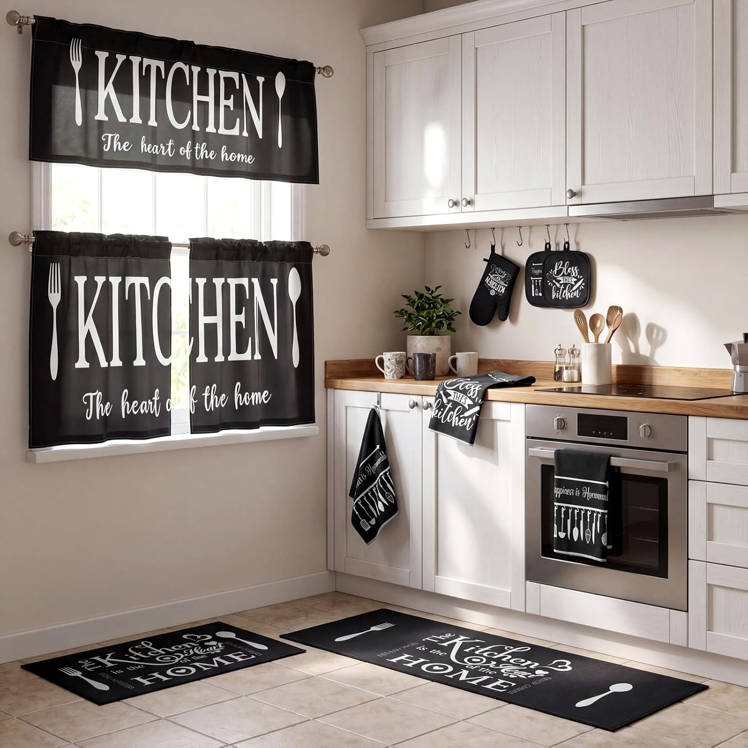 Fanfanwin 12 Pcs Farmhouse Kitchen Decor Set Oven Mitts and Pot Holders Sets Teal Turquoise Black Kitchen Curtains Valance Retro Dish Towels Rug and Mat for Window Home Decor Gift(Black,White,Rustic)
