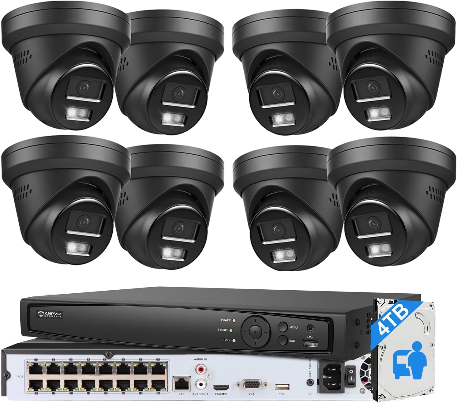 【Active Deterrent & 2-Way Audio】Anpviz 16CH PoE Security Camera System, 8X 5MP Wired IP Turret Cameras Outdoor Black, 12MP NVR with 4TB HDD, Human/Vehicle Detection, Plug&Play for Business (H Series)