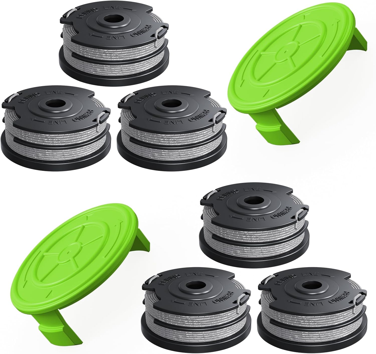 YWTESCH 8 Pack Weed Wacker String Fit for Greenworks String Trimmer, 0.065"-18Ft Dual String Trimmer Line Auto-Feed Weed Eater String Replacement Parts Spool(6-Pack) Cap Cover(2-Pack)