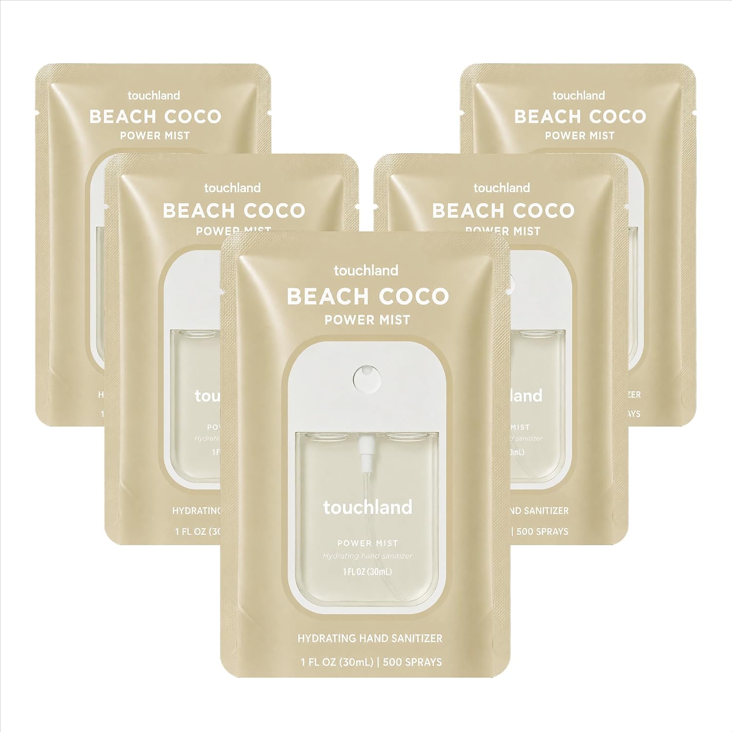Touchland Beach Coco Hydrating Hand Sanitizer Spray, 5 Pack Travel Size | TSA ready Power Mist with skincare benefits. Tropical and fresh scent, transporting you to sun-drenched shores.