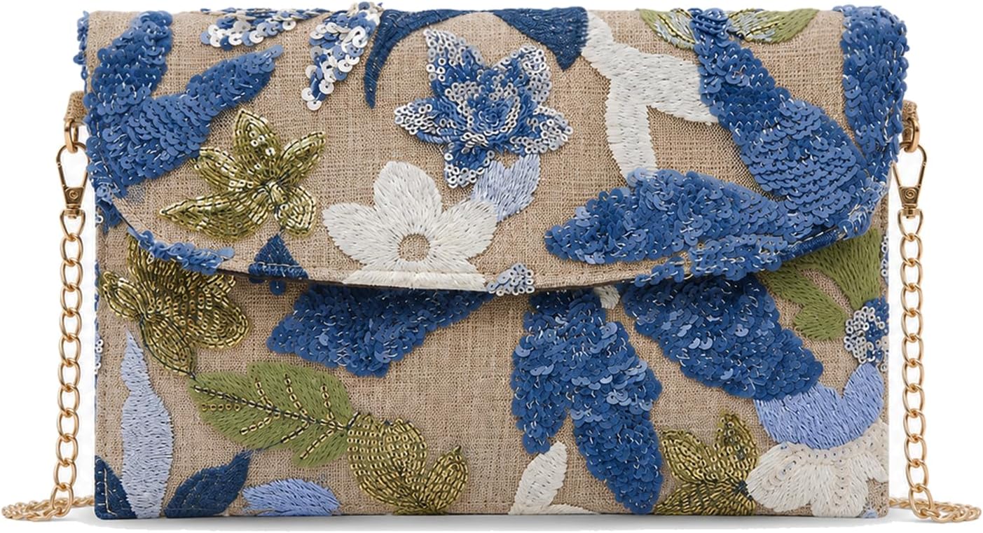 Women Floral Beaded Clutch Sequin Evening Purse Small Embroidery Wedding Bag