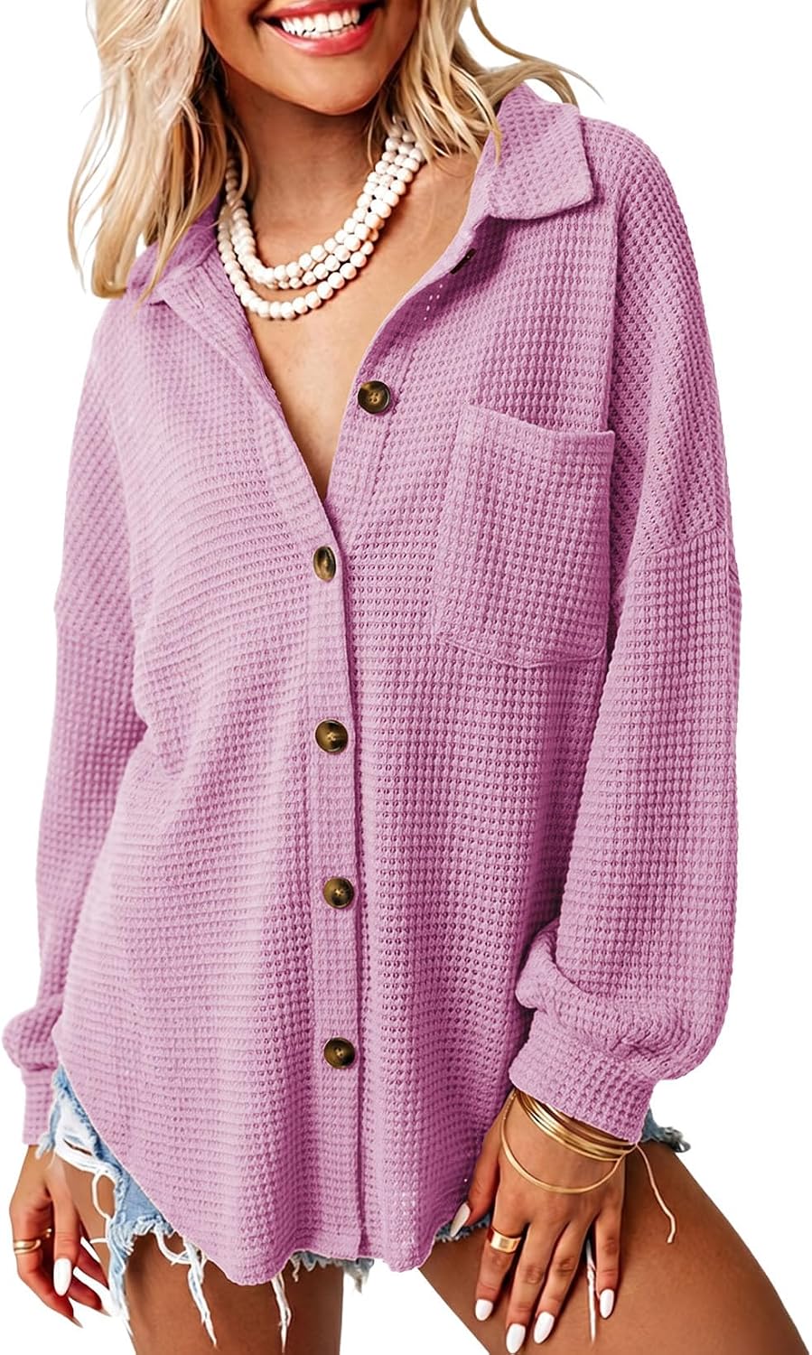 Dokotoo Womens Waffle Knit Shacket Jacket Casual Button Down Shirts Tops | Long Sleeve,Loose Fit,Boyfriend Style,Collared V Neck,Fall Cardiga,Outwear with Pockets
