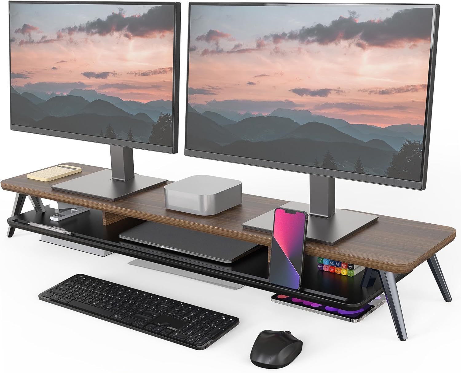 Fenge Dual Monitor Stand Riser, Wooden Desk Shelf with 2-Tier Storage | 42.5-Inch Wide, Sturdy Aluminum Legs, Built-In Phone & Tablet Slot, Desktop Organizer for Office Accessories