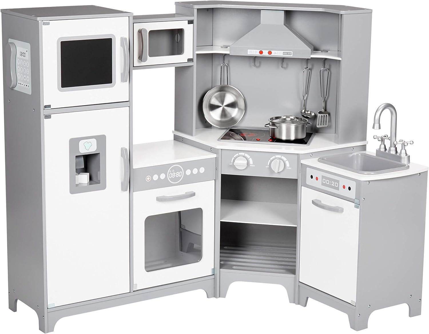 Amazon Basics Kids Corner Wooden Kitchen Toy Playset with Stove, Oven, Sink, Fridge and Accessories for Toddlers and Preschoolers, Ages 3+ Years, White & Gray, 39.37" L x 28.35" W x 35.04" H