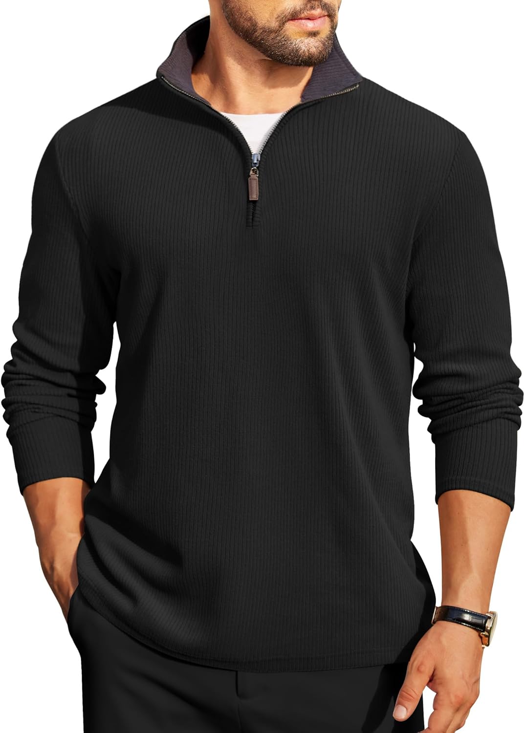 COOFANDY Mens Quarter Zip Pullover Lightweight Sweater Casual Long Sleeve Corduroy Half Zip Sweatshirt