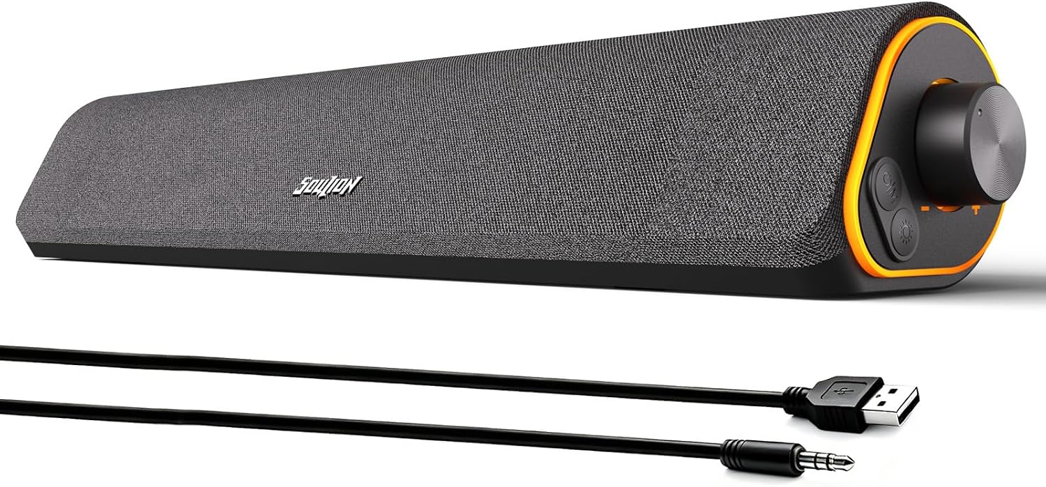SOULION Bluetooth Computer Speakers for Desktop Monitor PC USB Powered | USB Powered & 3.5mm, Colorful LED Lights, Switch Button Clear & Rich Sound, Breathable Cloth,Surround Soundbar