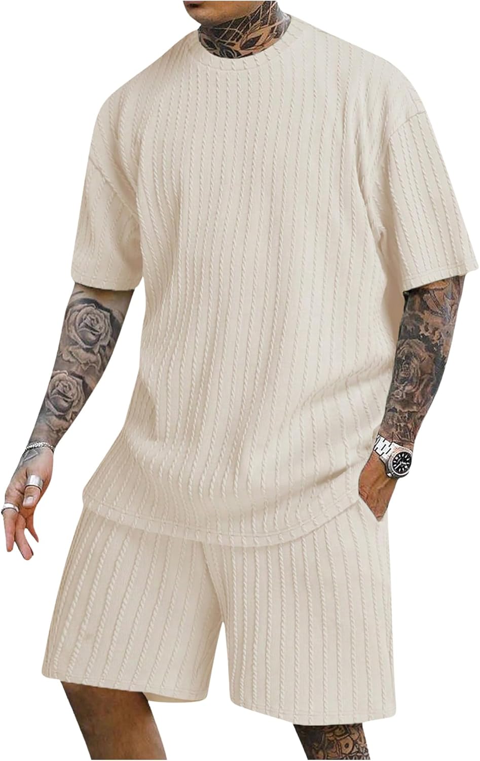 COZYEASE Men's 2 Piece Outfits Short Sleeve Crewneck Summer T Shirt and Drawstring Casual Track Shorts Set